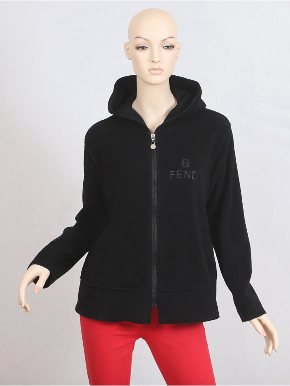Vintage Fendi Black Hooded fleece logo Zip-Up Sweatshirt M